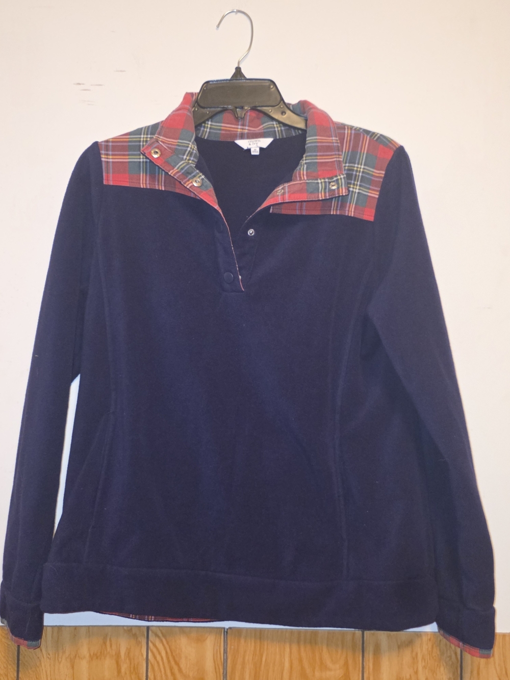 crown & ivy Navy Pullover Sweater with Red Plaid Trim